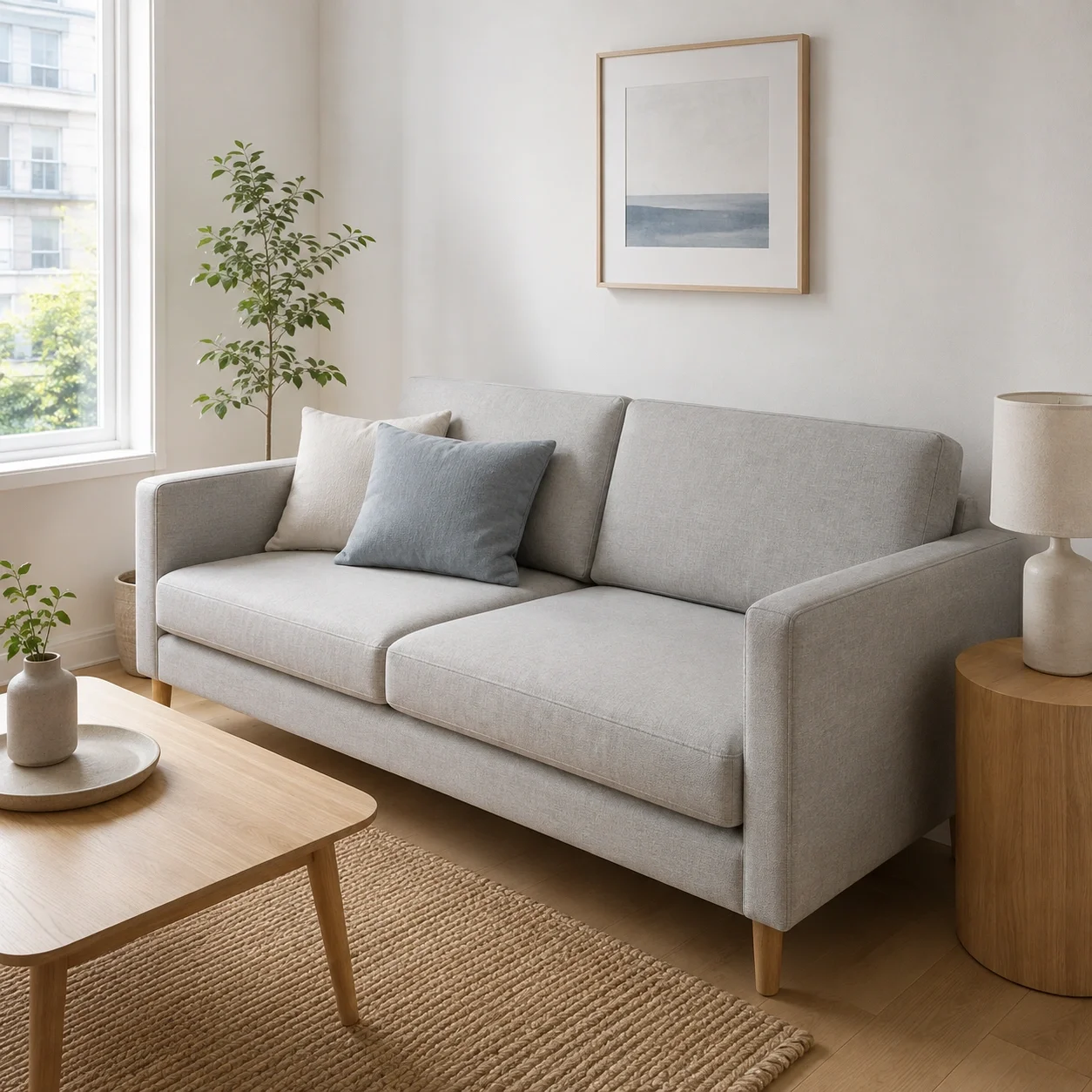 Apartment sofa with slim profile and narrow depth