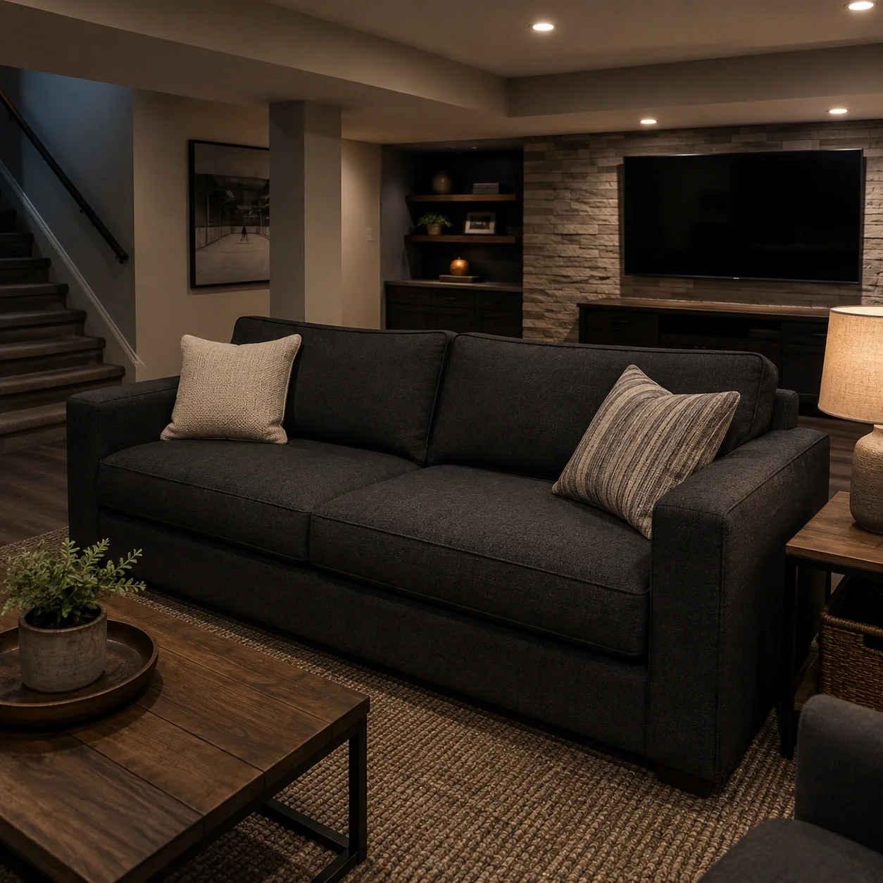 Durable basement sofa with stain-resistant fabric