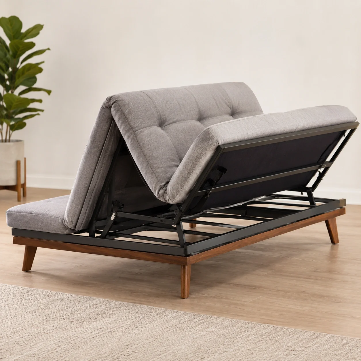 Futon sofa with wooden frame converting to bed