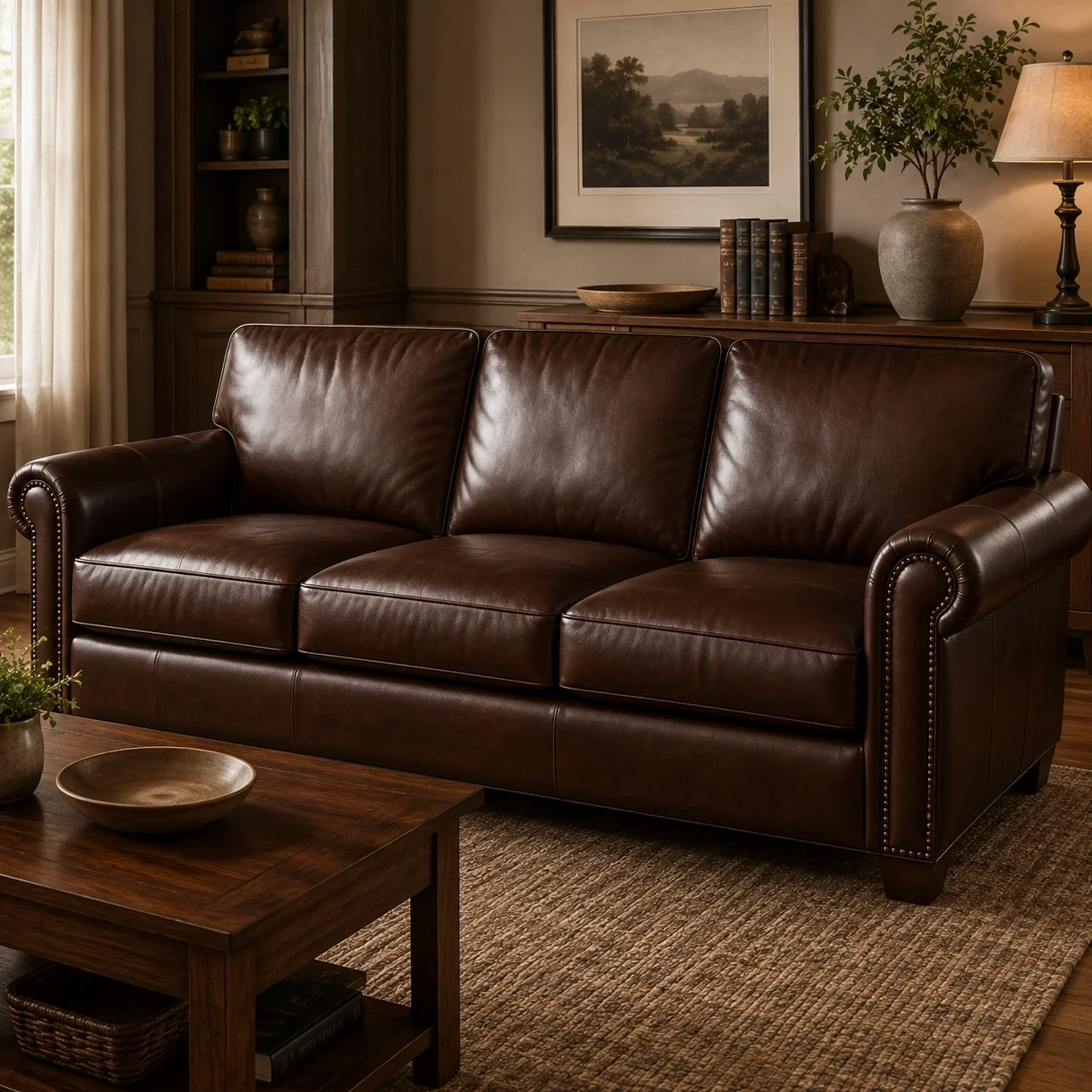Genuine leather sofa in brown tone