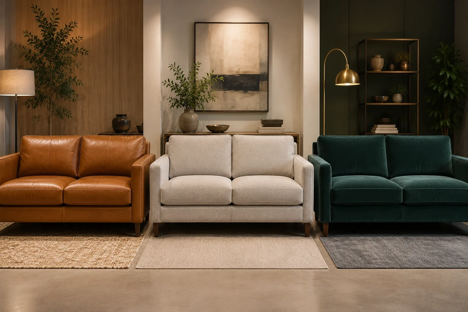 Side by side comparison of leather, fabric, and velvet sofa materials