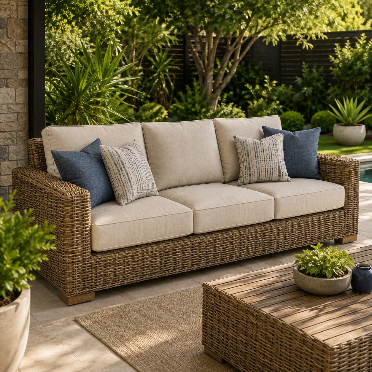 Outdoor sofa with weather-resistant cushions on patio