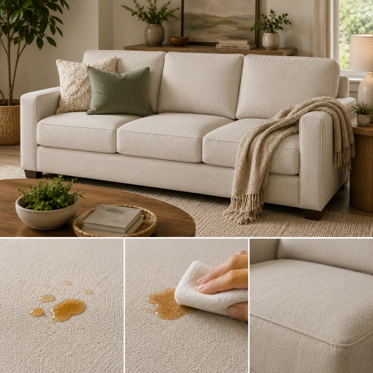 Performance fabric sofa being cleaned easily