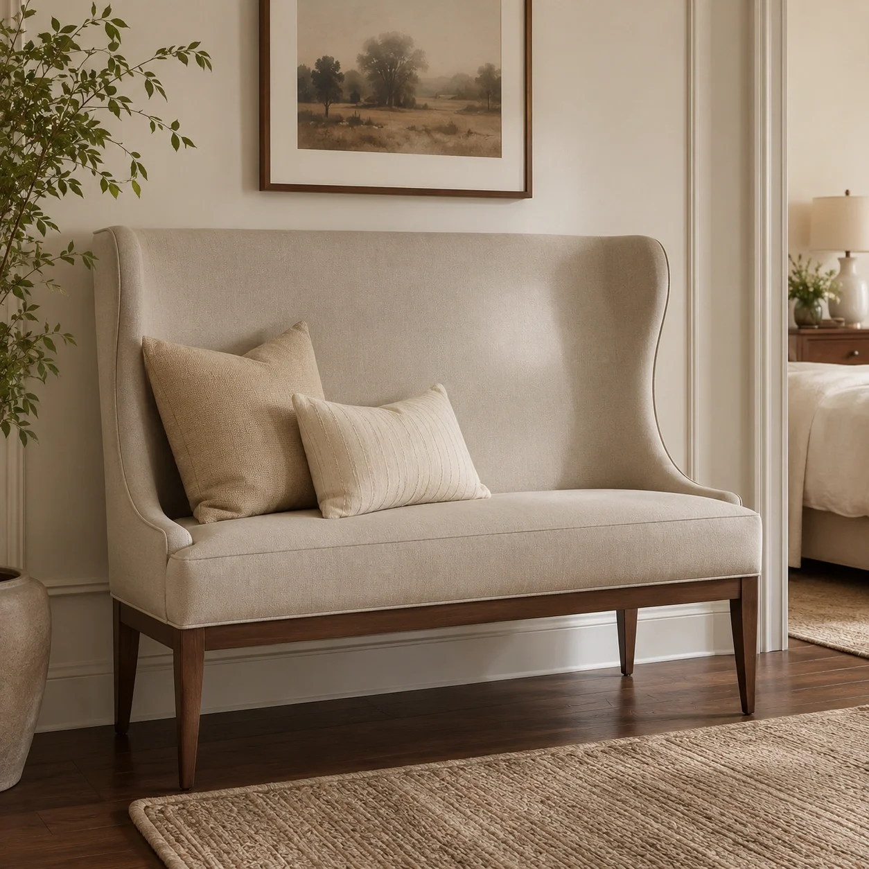 Settee bench with upholstered seat and back