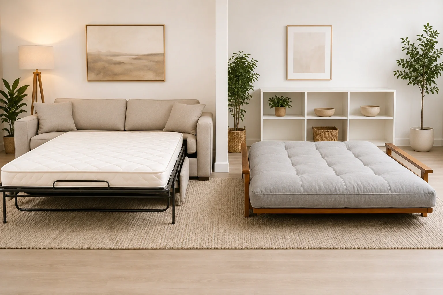 Sleeper sofa unfolded next to a futon in a room