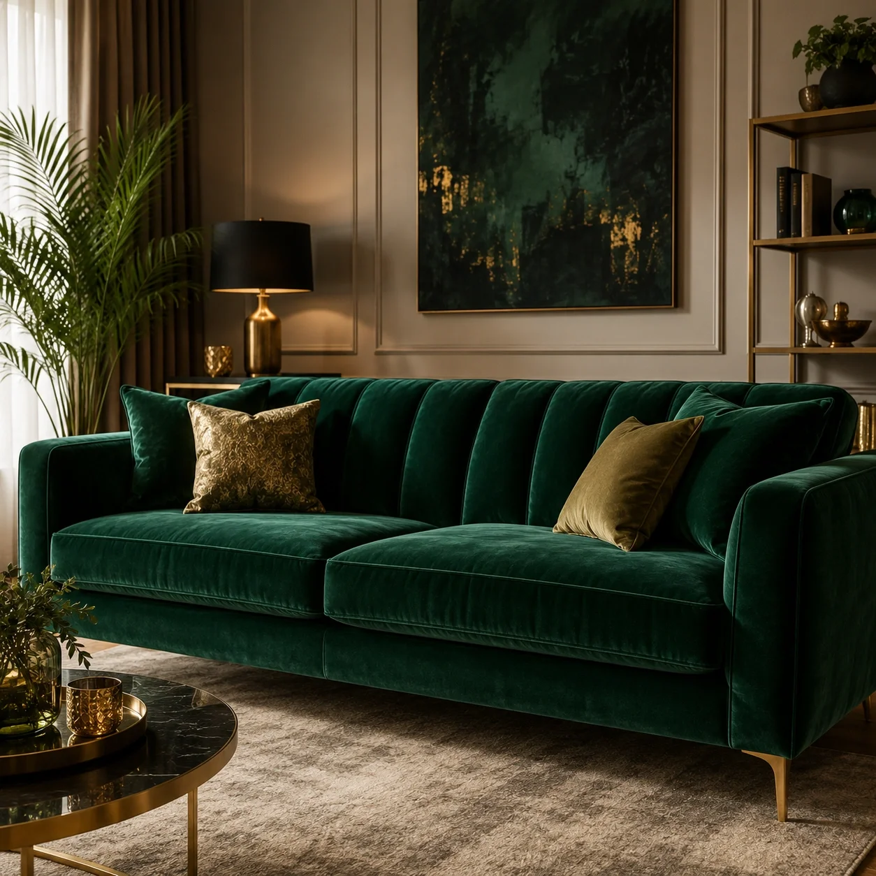 Luxurious velvet sofa in emerald green